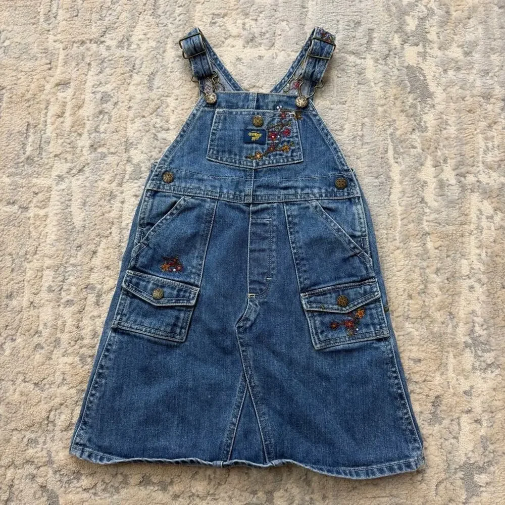 Vintage OshKosh B’gosh Girls Denim Jumper Overall Dress Embroidered Flowers 4T